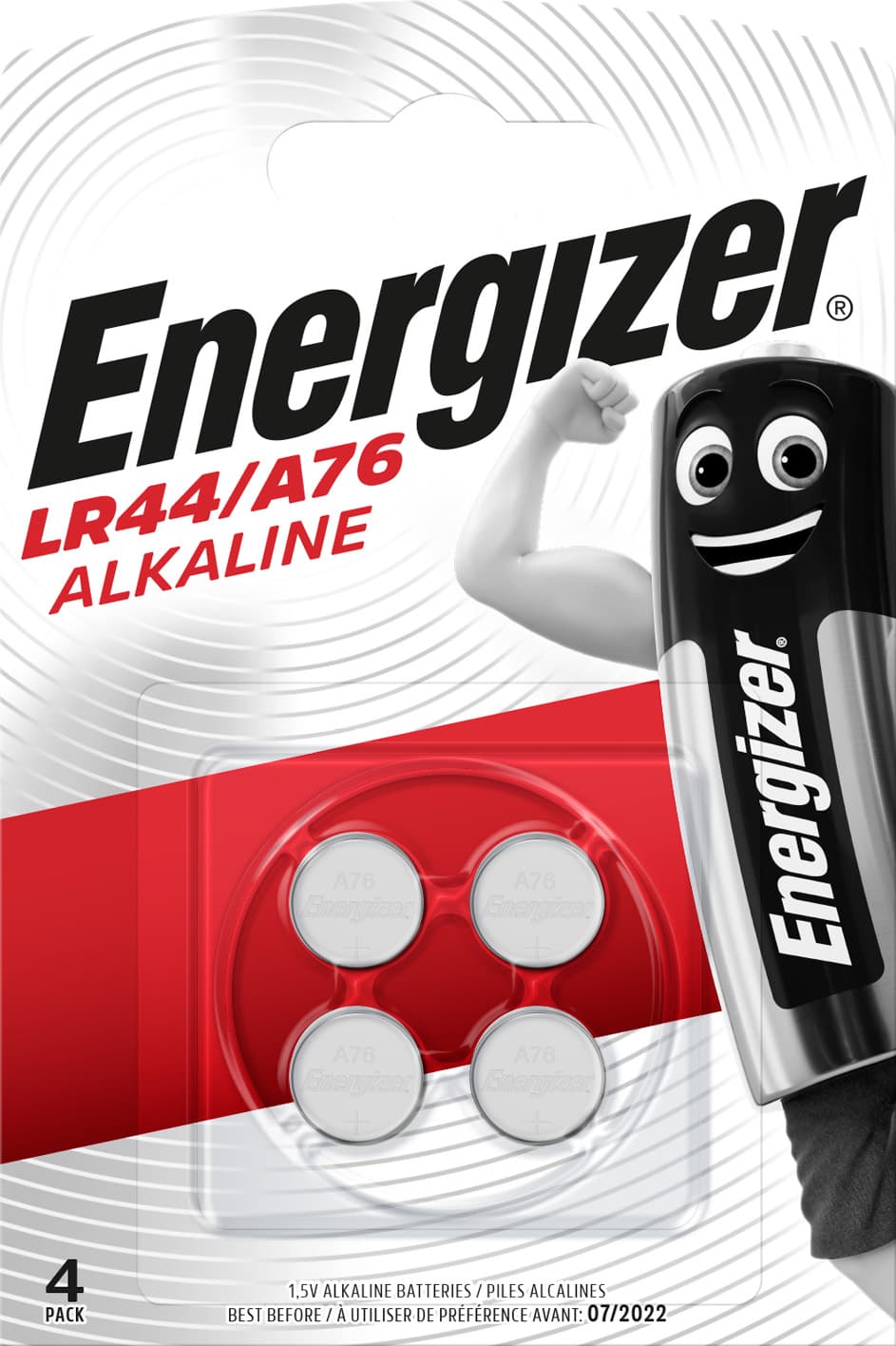 Pile bouton alcaline Energizer, LR44, V13GA, 1,5 V, pour appareils électroniques, blister de vente au détail (paquet de 4)