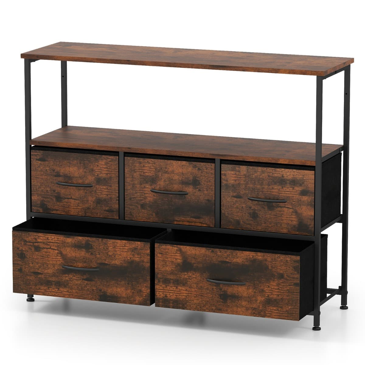 Commode pour Chambre avec 5 Tiroirs Large Commode de Rangement avec 2 Étagères Ouvertes en Bois et C